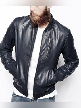 Asos Genuine Leather Ribbed Knit Cuffs Zip Up Men’s Bomber Jacket, M